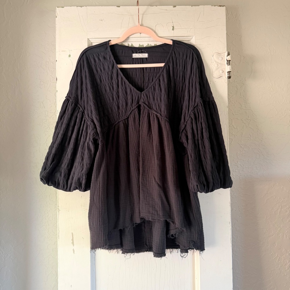 We The Free Free People Black Crinkle Gauze Balloon Sleeve Tunic Top XS